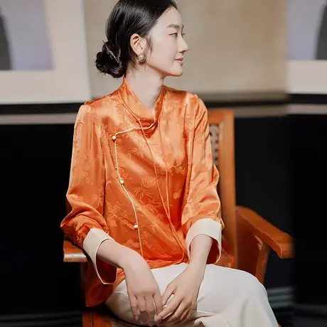素飞桑榆2023春季新款上衣女中国风复古提花立领斜襟盘扣宽松衬衣图片