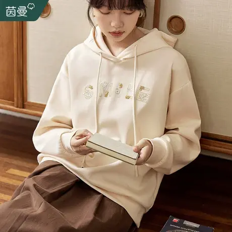 茵曼旗舰店绣花连帽卫衣女2023春秋冬新款落肩袖显瘦叠穿打底上衣图片
