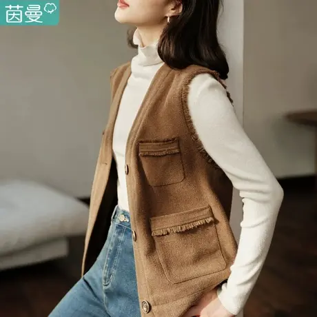 茵曼美拉德V领马甲背心2024春季女装新款复古文艺毛边显瘦马夹图片