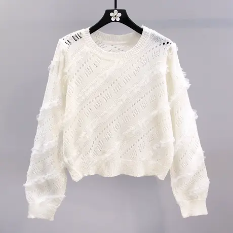 早秋长袖短款镂空毛衣女2023新款宽松时尚网纱拼接薄款洋气针织衫图片