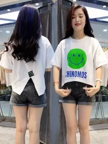 夏款小个子短款笑脸字母印花T恤女2023新款宽松百搭短袖体恤衫潮商品大图