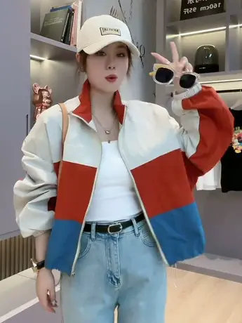 2023春秋季新款拉链蝙蝠袖宽松拼色设计感休闲棒球服短款外套女潮图片