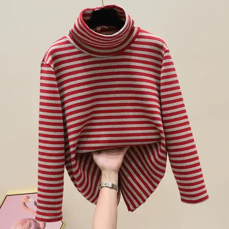 堆堆领打底衫女冬装加厚上衣加绒磨毛条纹体恤内搭长袖加绒卫衣潮商品大图