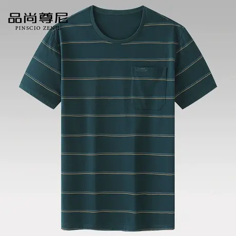 爸爸短袖t恤全棉亲肤经典条纹带口袋圆领体恤老年人夏装男爷爷装商品大图