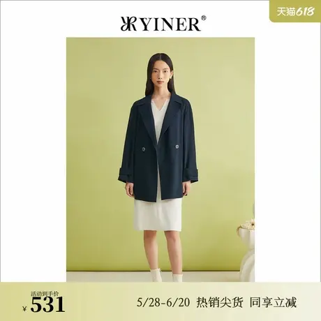 YINER音儿专选女装春季法式优雅绵羊毛翻领双排扣风衣商品大图