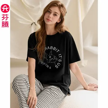 芬腾女士睡衣夏季新款短袖长裤薄款透气休闲大码可外穿家居服套装商品大图