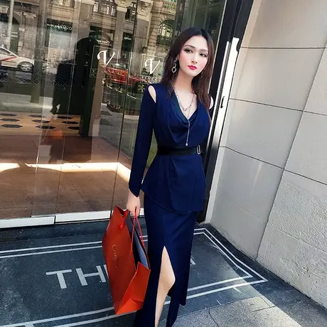 VJE春装新款女裙套装性感露肩荡领长袖打底衫侧开叉包臀半身长裙商品大图