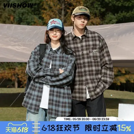 VIISHOW春季复古格子刺绣长袖衬衫男女潮牌美式宽松情侣格纹衬衣图片