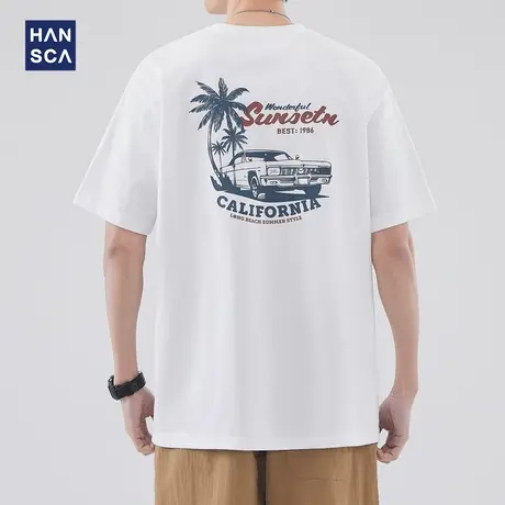 hansca美式海岛汽车圆领短袖男夏季新款度假260g重磅半袖大码上衣商品大图