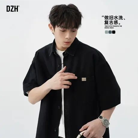 男生水洗牛仔衬衫男夏季潮牌半袖上衣男款美式衬衣2025新款牛仔衣图片