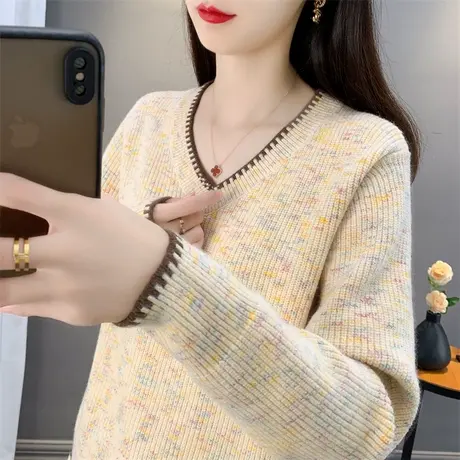 冬季女士v领毛衣女2024秋季新款慵懒风高级感针织打底衫洋气上衣商品大图