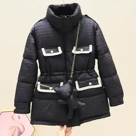 2023年冬新款小香羽绒棉服女抽绳收腰时尚立领羽绒棉衣外套带小熊商品大图