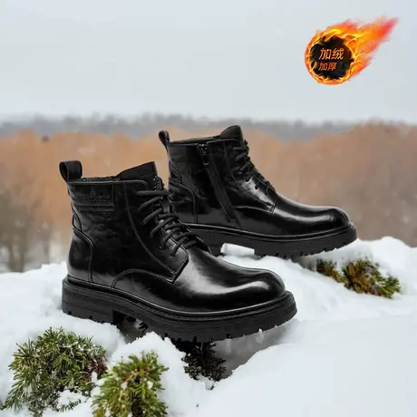 Montagut/梦特娇男士加绒保暖马丁靴 冬季头层牛皮高帮棉鞋雪地靴商品大图