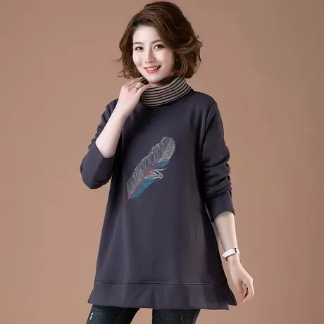 T恤女长秋冬加肥加大码女装宽松刺绣高领中长款妈妈套头加绒卫衣商品大图