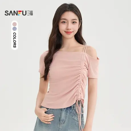 三福短T恤2025夏季气质抽绳斜肩双肩带短款上衣女装506392图片