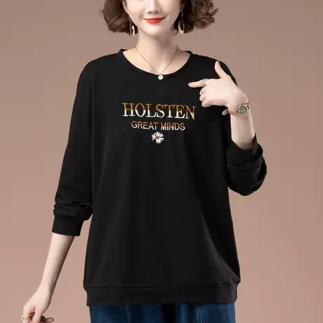 卫衣女春秋新款加肥加大码女装宽松纯棉刺绣百搭遮肚显瘦圆领上衣商品大图