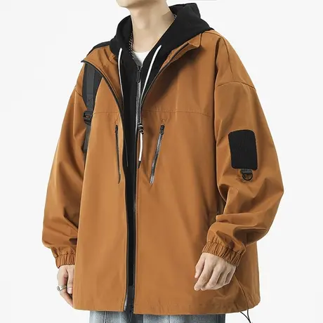 男士港风假两件外套男潮高级感2023新款春秋款休闲连帽夹克冲锋衣商品大图