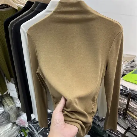 ins超火褶皱收腰打底衫女内搭秋季修身显瘦半高领长袖T恤上衣服图片
