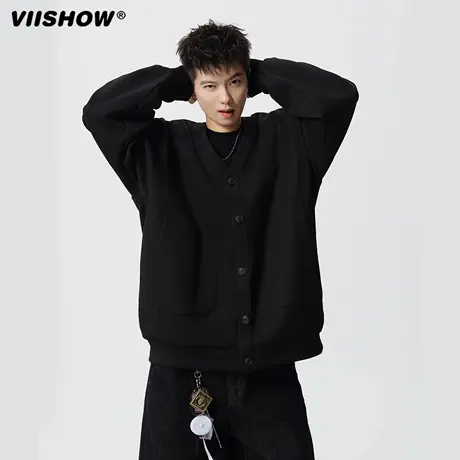 VIISHOW日系慵懒风纯色V领毛衣开衫上衣男潮牌宽松情侣百搭外套商品大图