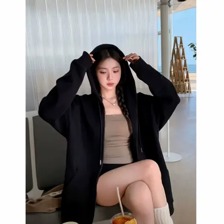 连帽卫衣女黑色外套2025新款宽松拉链开衫早秋百搭设计感小众上衣商品大图