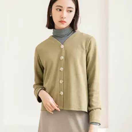 桔熊秋冬季休闲V领华夫格小外套柔软宽松长袖上衣女装大码AB17799图片