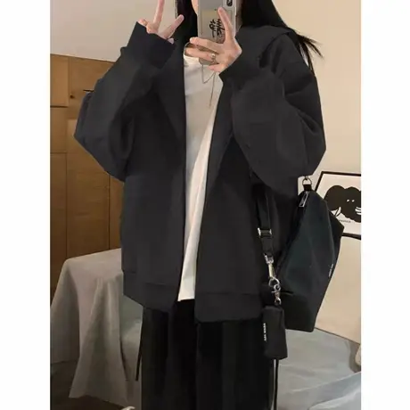 2025新款连帽重磅卫衣加绒外套黑色开衫女秋冬韩系慵懒风爆款上衣商品大图