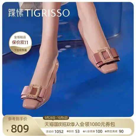 蹀愫2023新粗高跟方头方扣蝴蝶结通勤漆皮单鞋女TA43116-14商品大图