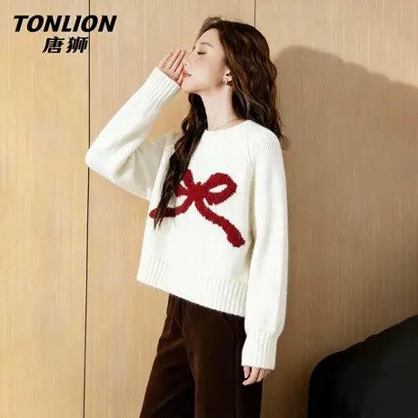 唐狮官方白色毛衣外套女2026新款秋冬季女士短款加绒保暖针织衫VB商品大图