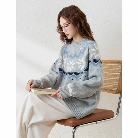 唐狮秋冬女圆领民族风套头毛线衫设计感小众白色费尔岛毛衣TD图片