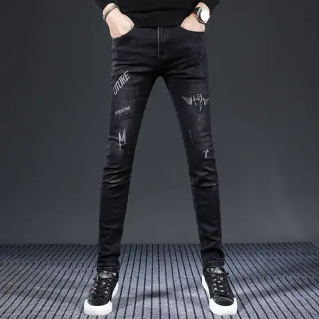 高端潮牌刺绣牛仔裤男款修身小脚裤2023新款黑色潮流弹力男士裤子商品大图