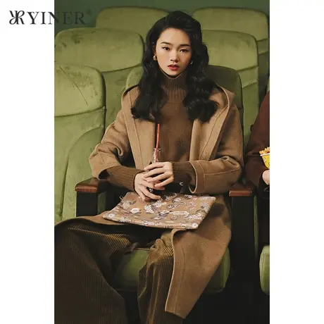 YINER音儿女装冬季新款羊毛含羊绒连帽呢大衣图片