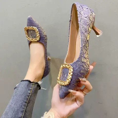 细跟高跟鞋女尖头气质秋百搭软皮不磨脚法式水钻搭扣浅口女鞋单鞋商品大图