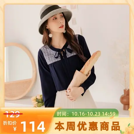 桔熊秋冬复古气质毛呢拼接蝴蝶结绑带厚雪纺衫上衣女大码AB16208图片