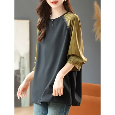 宝诗黎圆领条纹拼接长袖卫衣2023秋季新款棉质宽松抽绳上衣女休闲商品大图