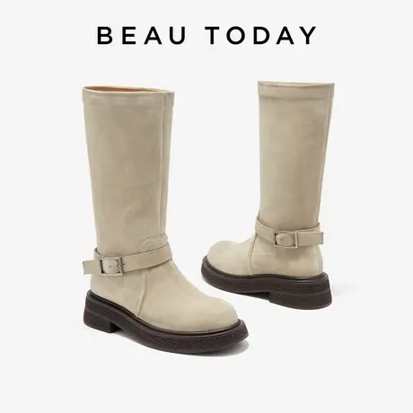 BeauToday绒面长筒靴女2023新款瘦瘦靴BT秋冬时装靴女粗跟高筒靴图片
