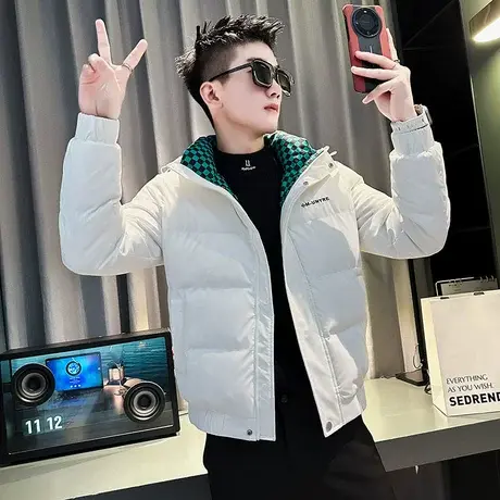 潮牌冬季连帽羽绒棉服2023新款ins拼色棋盘格时尚休闲棉衣外套男图片