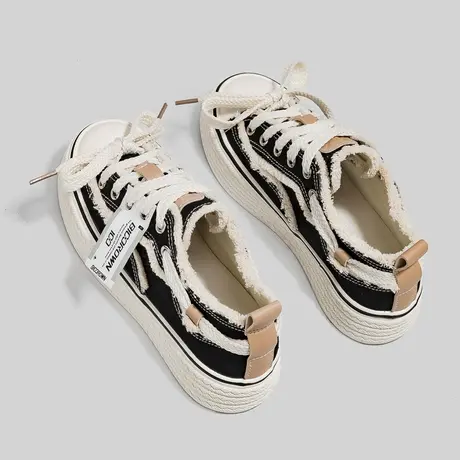 Betoo 2022秋季新款休闲厚底做旧帆布鞋女粉色小众板鞋小白鞋女商品大图