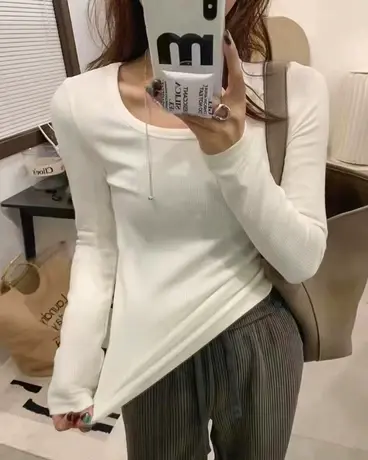 小U领加厚加绒打底衫女欧洲站冬装2023新款欧货女装时尚洋气T恤潮商品大图