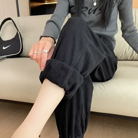 黑色哈伦工装裤女秋冬2023新款高腰加绒加厚小个子束脚美式老爹裤商品大图