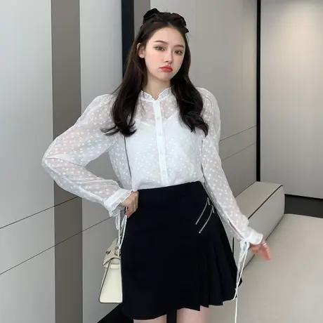唐狮春秋装新款女长袖衬衫泡泡袖立领网纱吊带衬衣两件套装ZW图片