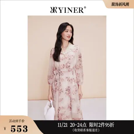 YINER音儿奥莱女装2023春季艺术感印花设计西装领连衣裙图片