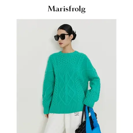 #多巴胺穿搭# 玛丝菲尔秋季松石绿扭花茧型羊毛针织衫商品大图
