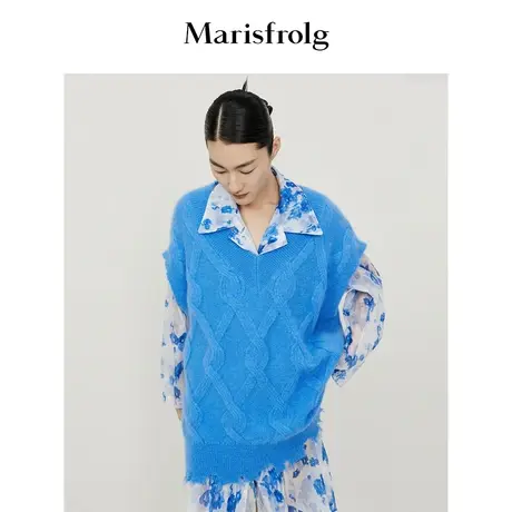 【高阶色彩系列】玛丝菲尔秋季蓝色V领马海毛针织马甲女商品大图