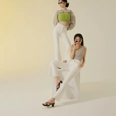 桔熊秋季复古微喇叭裤子女弹力修身高腰收腹长裤胖妹妹大码BA7295商品大图