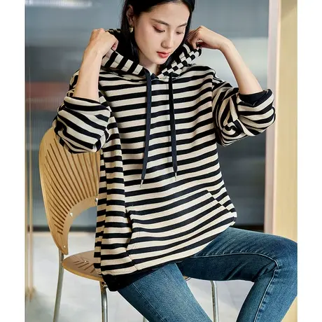 宝诗黎连帽条纹宽松加绒卫衣2023秋冬季慵懒百搭加厚休闲上衣女装图片