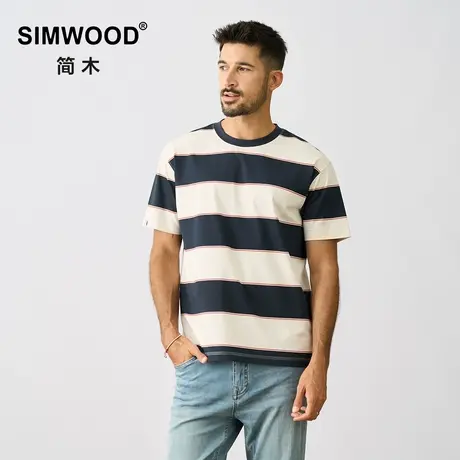 Simwood简木男装【宽松版型】220g sorona 凉感条纹休闲短袖T恤男图片