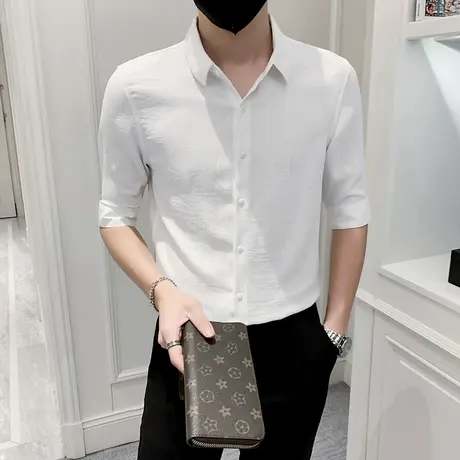 高端白衬衫男士春夏季七分中袖条纹衬衣潮流时尚商务休闲短袖寸衫商品大图