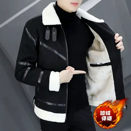 羊羔毛领外套保暖冬季男士加绒加厚潮牌痞帅气皮毛一体鹿皮绒夹克商品大图