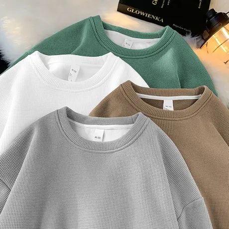 美式重磅华夫格卫衣男秋冬款加绒加厚圆领无帽宽松上衣服长袖t恤商品大图