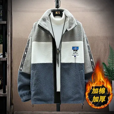 外套男2023年新款加棉加厚学生颗粒绒男装潮流宽松羊羔毛冬装夹克商品大图